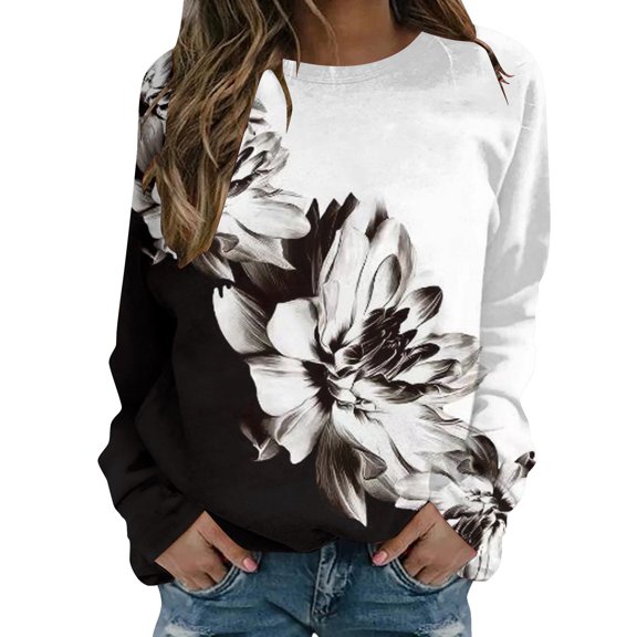 VNKIDY Women's Sweatshirt Autumn Spring Oversized Rose Prints Pullover Long Sleeve Crewneck Loose Fit Sweatshirts For Cold Weather Soft Tops
