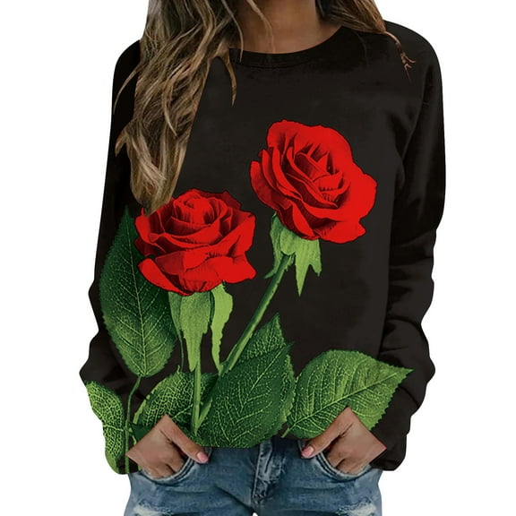 VNKIDY Women's Sweatshirt Autumn Spring Oversized Rose Prints Pullover Long Sleeve Crewneck Loose Fit Sweatshirts For Cold Weather Trendy Tops