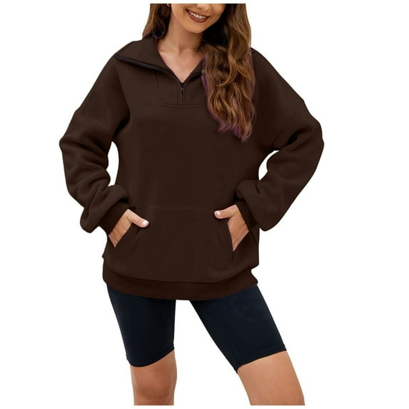VNKIDY Women's Sweatshirt Casual Solid Color Loose Fit Half Zip Lapel Pullover Long Sleeve Athletic Sweatshirts For Outdoor Wear Trendy Tops