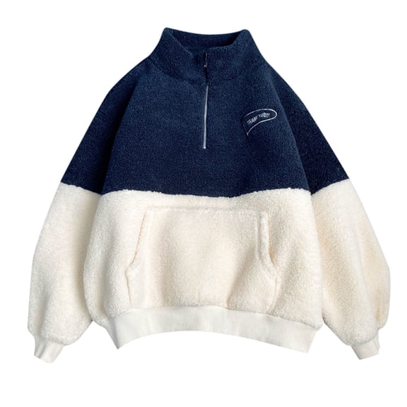 VNKIDY Women's Sweatshirt Color Block Plush Quarter Zip Pullover Stand Collar Kangaroo Pocket Long Sleeve Loose Fit Sweatshirt For Cold Weather Casual Wear Cozy Looks Relaxed Fit Tops