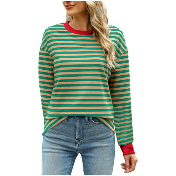 VNKIDY Women's Sweatshirt Fall Spring Color Block Striped Loose Fit Pullover Long Sleeve Crewneck Sweatshirts For Casual Daily Wear Classic Tops