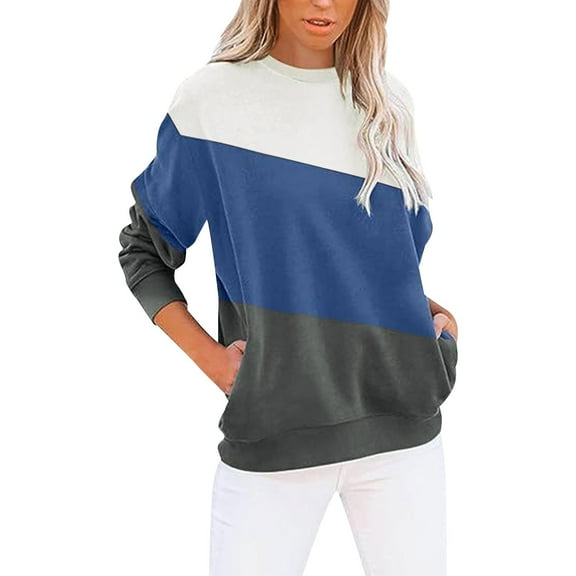 VNKIDY Women's Sweatshirt Fall Winter Loose Fit Color Block Pullover Long Sleeve Loose Fit Crewneck Sweatshirts For Cold Weather Classic Tops