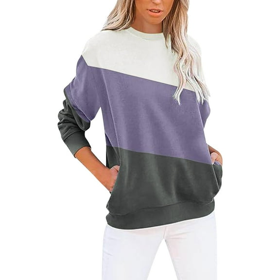 VNKIDY Women's Sweatshirt Fall Winter Loose Fit Color Block Pullover Long Sleeve Loose Fit Crewneck Sweatshirts For Cold Weather Cute Tops