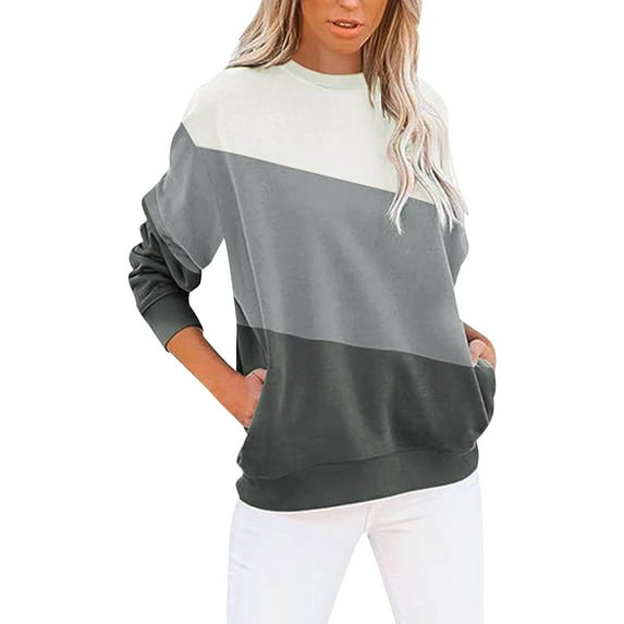 VNKIDY Women's Sweatshirt Fall Winter Loose Fit Color Block Pullover Long Sleeve Loose Fit Crewneck Sweatshirts For Cold Weather Leisure Tops