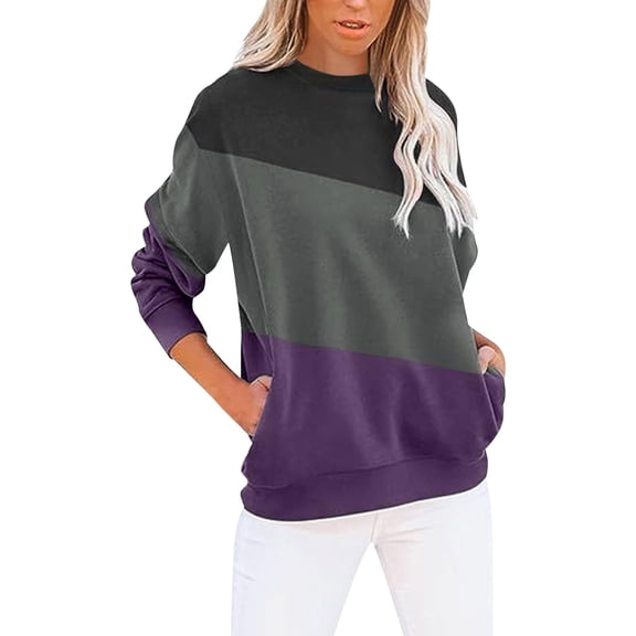 VNKIDY Women's Sweatshirt Fall Winter Loose Fit Color Block Pullover Long Sleeve Loose Fit Crewneck Sweatshirts For Cold Weather Stylish Tops