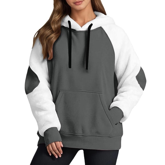 VNKIDY Women's Sweatshirt Fashion Color Block Oversized Thicken Windproof Hoodie Long Sleeve Loose Fit Pullover With Pockets For Autumn Winter Outdoor Wear Cozy Tops