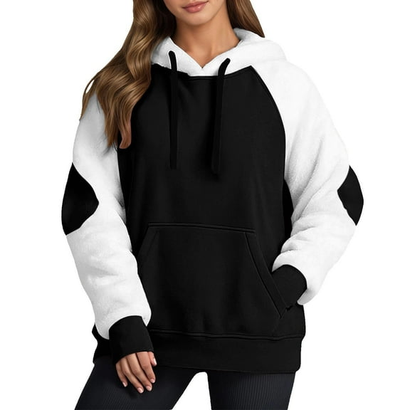 VNKIDY Women's Sweatshirt Fashion Color Block Oversized Thicken Windproof Hoodie Long Sleeve Loose Fit Pullover With Pockets For Autumn Winter Outdoor Wear Trendy Tops