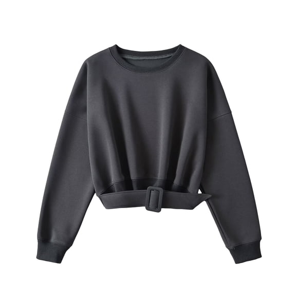 VNKIDY Women's Sweatshirt Solid Color Cropped Crewneck Sweatshirt Street Style Edgy Long Sleeve Loose Fit Pullover With Buckle Detail For Trendy Outings Cozy Tops