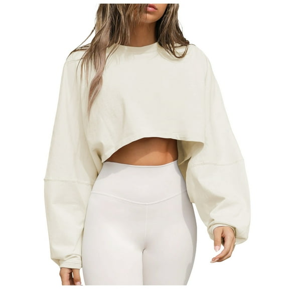 VNKIDY Women's Sweatshirt Solid Color Cropped Sweatshirt Long Sleeve Crewneck Oversized Loose Fit Casual Crop Top For Daily Wear Cute Tops