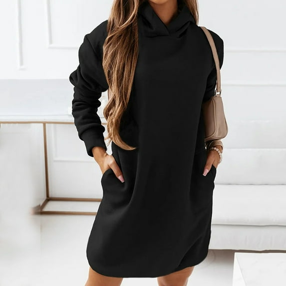 VNKIDY Women's Sweatshirt Solid Color Hoodie Dress Long Sleeve Loose Fit Pullover With Pockets For Autumn Winter Daily Wear Leisure Tops
