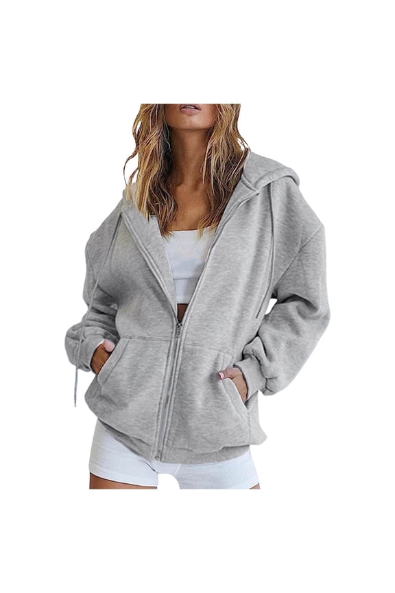Women's Sweatshirt Solid Color Oversized Zip Up Hoodie Long Sleeve Loose Fit Windproof Jacket With Kangaroo Pockets For Daily Wear Fashionable Tops
