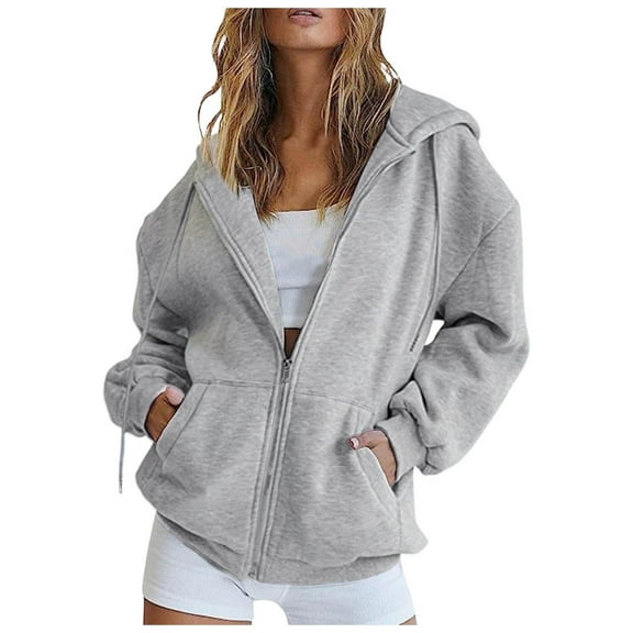 VNKIDY Women's Sweatshirt Solid Color Oversized Zip Up Hoodie Long Sleeve Loose Fit Windproof Jacket With Kangaroo Pockets For Daily Wear Stylish Tops