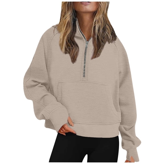 VNKIDY Women's Sweatshirt Solid Color Quarter Zip Hooded Sweatshirt Long Sleeve Loose Fit Pullover With Kangaroo Pocket For Daily Wear Cozy Tops