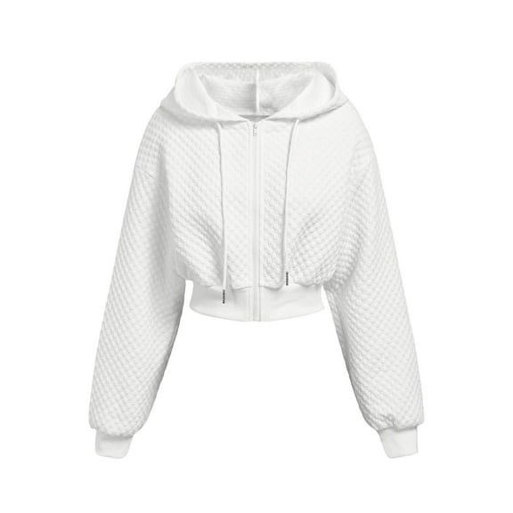 VNKIDY Women's Sweatshirt Solid Color Quilted Cropped Zip Up Drawstrings Hoodie Long Sleeve Loose Fit Pullover With Textured Design For Casual Outings Classic Tops
