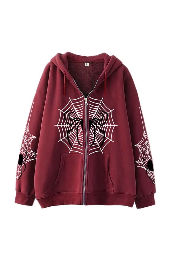 Women's Sweatshirt Spider Web Graphic Oversized Zip Up Hoodie Edgy Street Style Long Sleeve Loose Fit Pullover With Kangaroo Pocket For Daily Wear Classic Tops