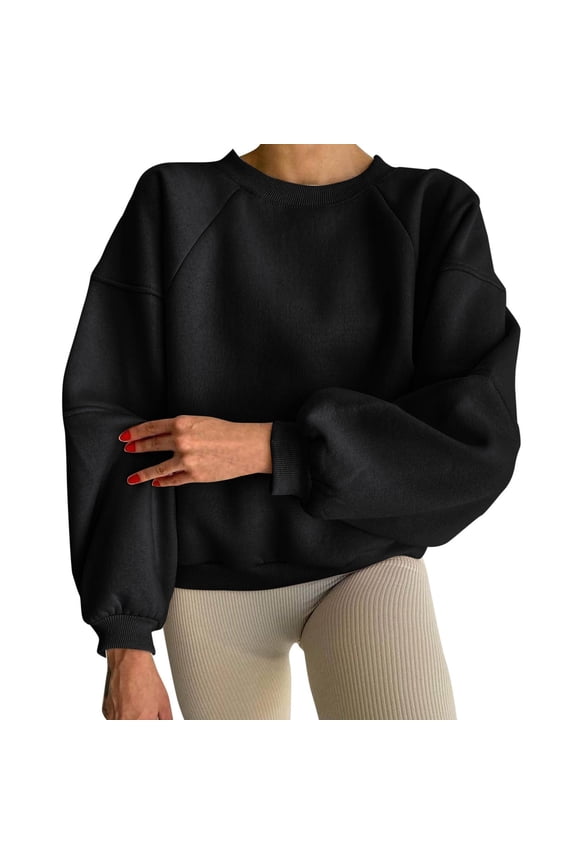 Women's Sweatshirt Street Style Solid Color Loose Fit Pullover Fall Winter Long Sleeve Crewneck Soft Sweatshirts Cozy Tops