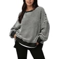 thumbnail image 1 of VNKIDY Women's Sweatshirt Two-Tone Striped Oversized Sweatshirt Long Sleeve Crewneck Loose Fit Pullover With Textured Design Asymmetric Hem For Daily Wear Soft Tops, 1 of 4