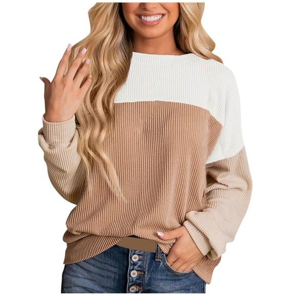 VNKIDY Women's Sweatshirt Winter Thermal Loose Fit Color Block Ribbed Knit Pullover Long Sleeve Crewneck Sweatshirts For Cold Weather Cute Tops