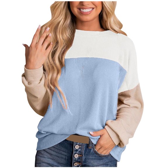 VNKIDY Women's Sweatshirt Winter Thermal Loose Fit Color Block Ribbed Knit Pullover Long Sleeve Crewneck Sweatshirts For Cold Weather Trendy Tops