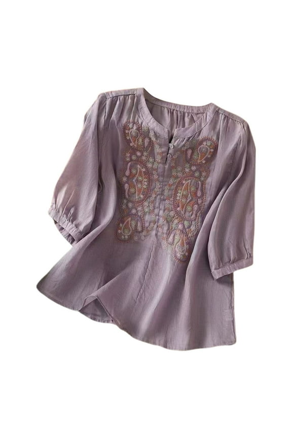 Women's T-Shirt Boho Embroidered Linen Blouse Three Quarter Sleeve Mandarin Collar Breathable Tees With Ethnic Floral Pattern For Casual Daily Wear Fashionable Top