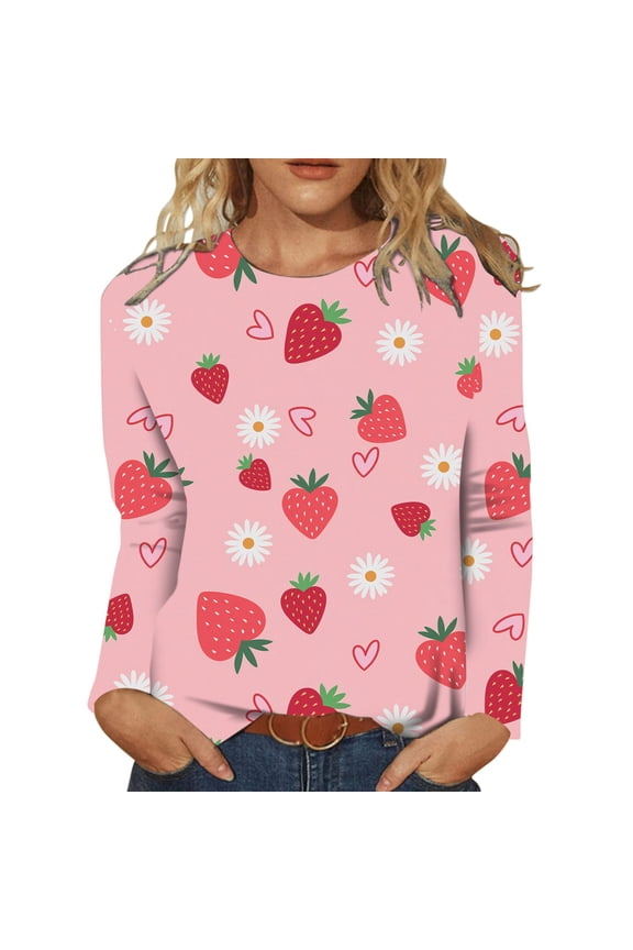 Women's T-Shirt Cartoon Strawberry Print Long Sleeve Tees Crewneck Relaxed Fit Casual Top For Holiday Daily Outdoor Wear Fashionable Top