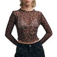 thumbnail image 1 of VNKIDY Women's T-Shirt Leopard Print Mesh Crop Top Long Sleeve Lettuce Trim Sheer Slim Fit Casual Tee For Daily Street Wear Fashionable Top, 1 of 9