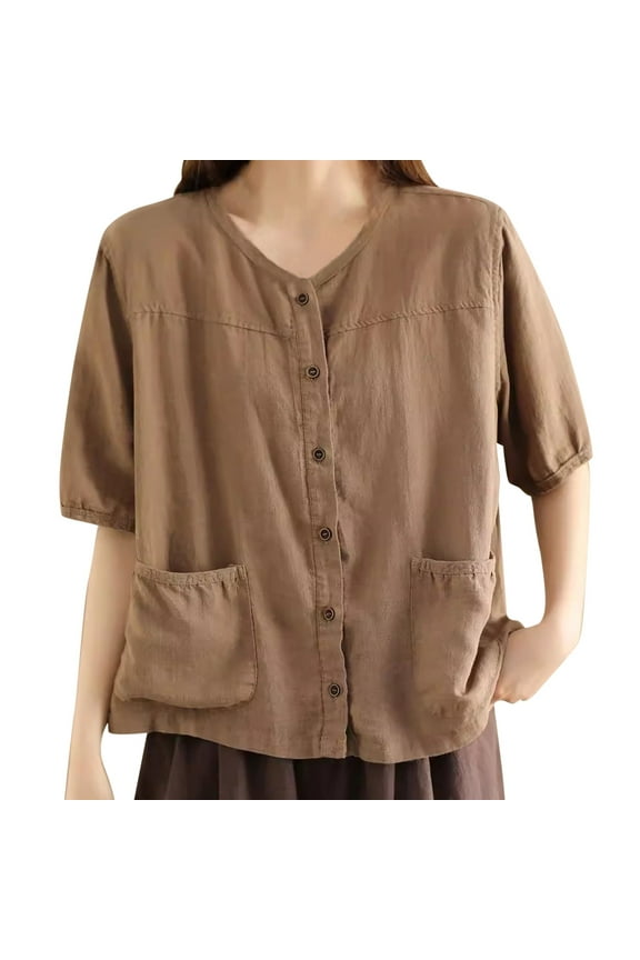Women's T-Shirt Linen Button Front Shirt Solid Color Short Sleeve V Neck Breathable Tees With Patch Pockets For Casual Daily Outdoor Wear Soft Top
