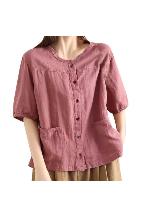 Women's T-Shirt Linen Button Front Shirt Solid Color Short Sleeve V Neck Breathable Tees With Patch Pockets For Casual Daily Outdoor Wear Soft Top