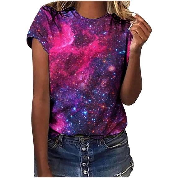 VNKIDY Women's T-Shirt Oversized Galaxy Print Tees Crewneck Short Sleeve Stretch Loose Fit Top For Casual Street Daily Outdoor Wear Fashionable Top