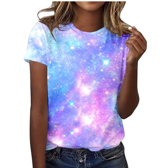 VNKIDY Women's T-Shirt Oversized Galaxy Print Tees Crewneck Short Sleeve Stretch Loose Fit Top For Casual Street Daily Outdoor Wear Trendy Top