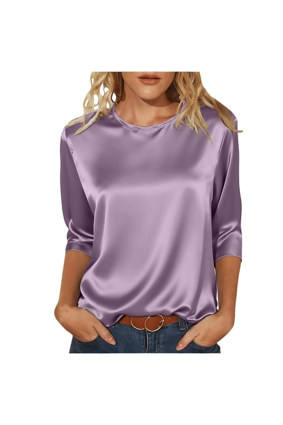 Women's T-Shirt Solid Color Satin Blouse Silky Smooth Loose Fit Crewneck Three Quarter Sleeve Tees For Casual Daily Office Wear Fashionable Top