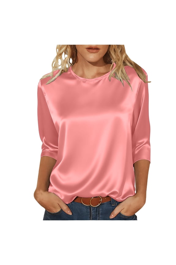 Women's T-Shirt Solid Color Satin Blouse Silky Smooth Loose Fit Crewneck Three Quarter Sleeve Tees For Casual Daily Office Wear Soft Top