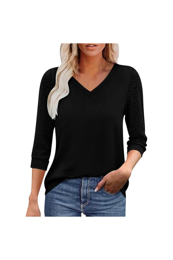 Women's T-Shirt Solid Color V Neck Three Quarter Sleeve Top Lace Detail Design Relaxed Fit Stretch Tees For Office Casual Daily Wear Classic Top