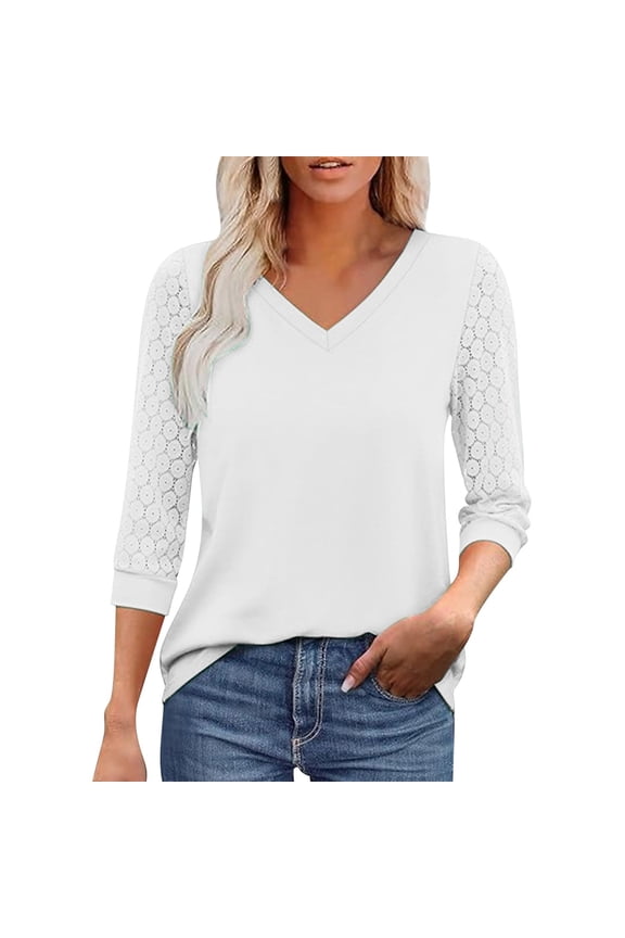 Women's T-Shirt Solid Color V Neck Three Quarter Sleeve Top Lace Detail Design Relaxed Fit Stretch Tees For Office Casual Daily Wear Stylish Top
