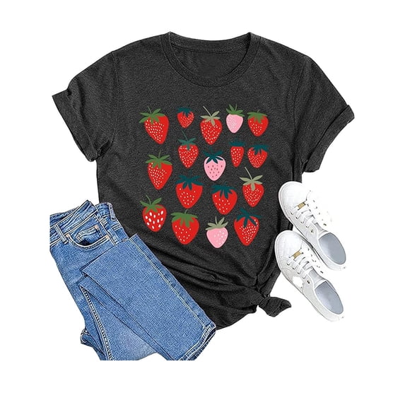 VNKIDY Women's T-Shirt Strawberry Print Graphic Short Sleeve Tees Crewneck Loose Fit Stretch Top For Casual Summer Daily Outdoor Wear Fashionable Top