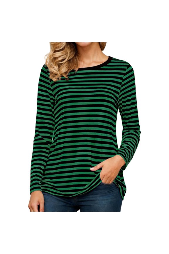 Women's T-Shirt Striped Long Sleeve Tees Crewneck Color Block Stretch Casual Curved Hem Top For Daily Fall Spring Wear Leisure Top