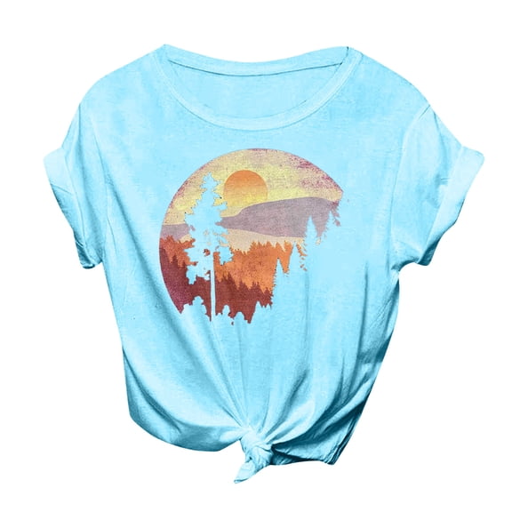 VNKIDY Women's T-Shirt Vintage Forest Sunset Graphic Tees Short Sleeve Crewneck Relaxed Fit Tie Front Top For Outdoor Hiking Daily Wear Cozy Top