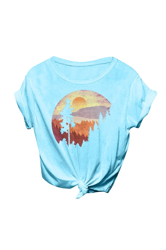 Women's T-Shirt Vintage Forest Sunset Graphic Tees Short Sleeve Crewneck Relaxed Fit Tie Front Top For Outdoor Hiking Daily Wear Leisure Top