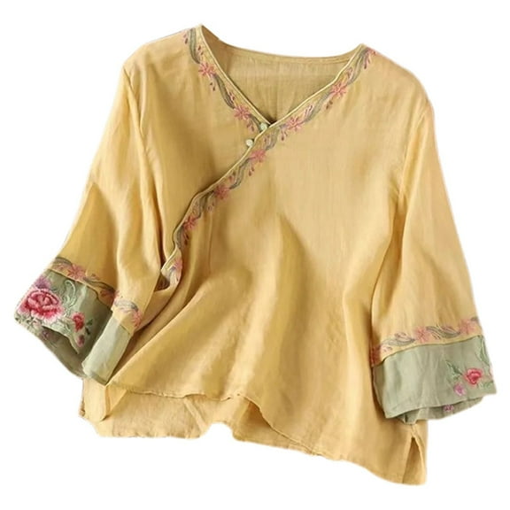 VNKIDY Women's Traditional Floral Embroidery Blouse Cross Front Button Half Sleeve Loose Fit T Shirt For Casual Daily Wear Fashionable Tops