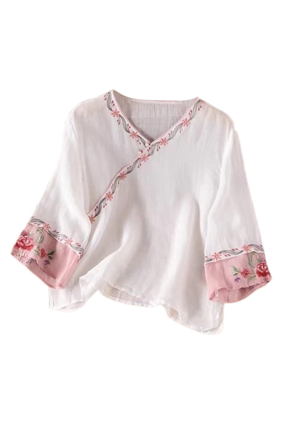 Women's Traditional Floral Embroidery Blouse Cross Front Button Half Sleeve Loose Fit T Shirt For Casual Daily Wear Fashionable Tops