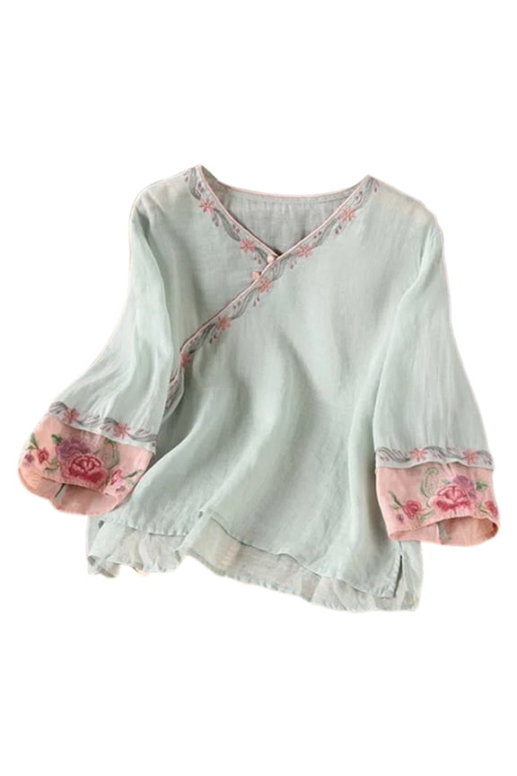 Women's Traditional Floral Embroidery Blouse Cross Front Button Half Sleeve Loose Fit T Shirt For Casual Daily Wear Trendy Tops