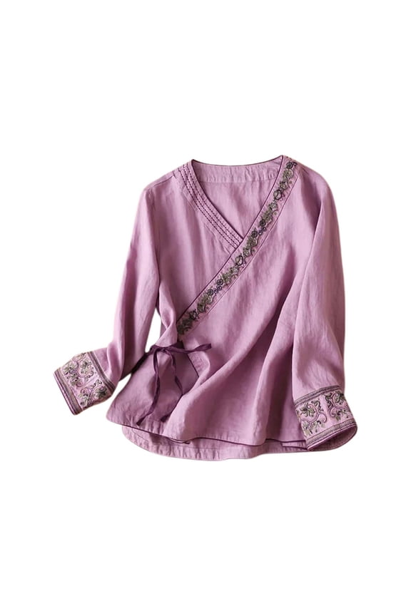 Women's Traditional Long Sleeve Wrap Blouse V Neck Embroidery Pattern Tie Waist Linen T Shirts Top For Casual Daily Wear Leisure Tops