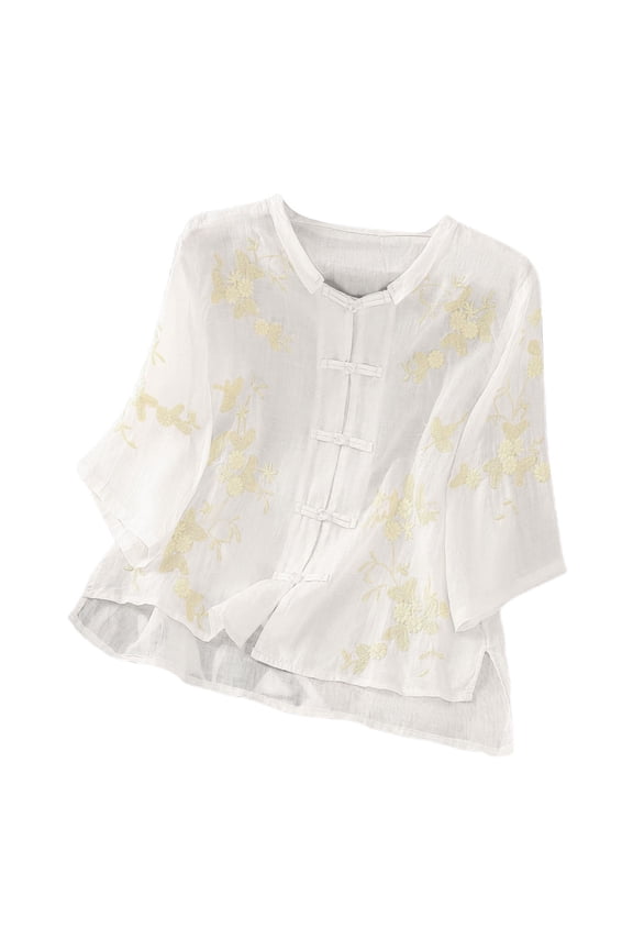 Women's Traditional Mandarin Collar Button Blouse Half Sleeve Gold Floral Embroidery Loose Fit T Shirt For Casual Daily Wear Versatile Tops