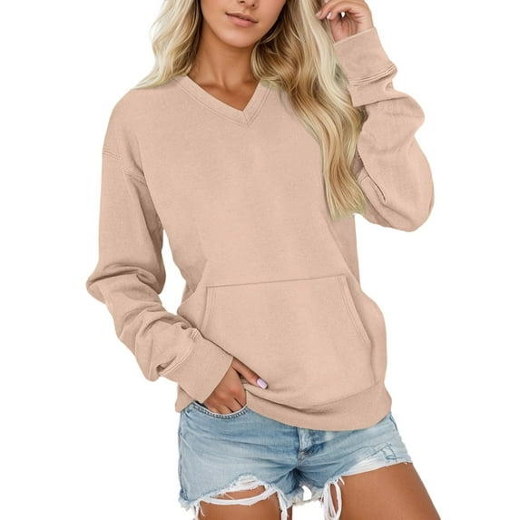 VNKIDY Women's V-Neck Pullover Sweatshirt Soft Long Sleeve Casual Tops Daily Wear Sports Comfortable Loose Fit Winter Clothing With Pockets Solid Color Trendy Daliywear