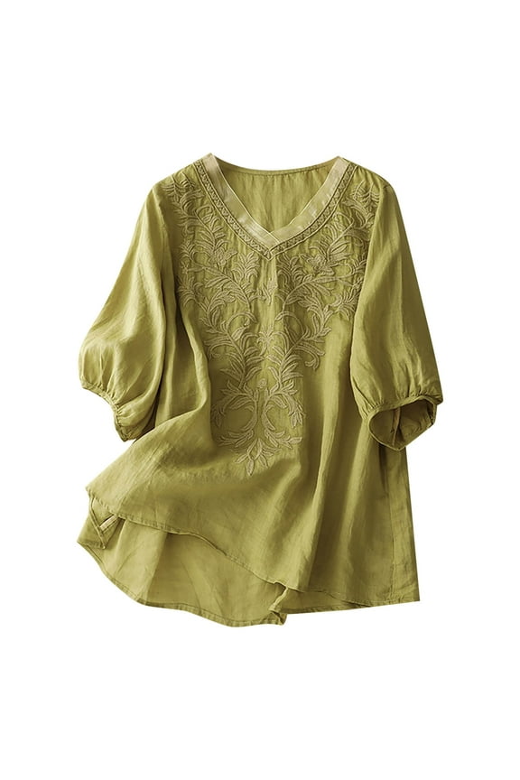 Women's Vintage Embroidery Solid Color Blouse Puff Half Sleeve Crewneck Loose Fit T Shirts For Casual Daily Wear Versatile Tops