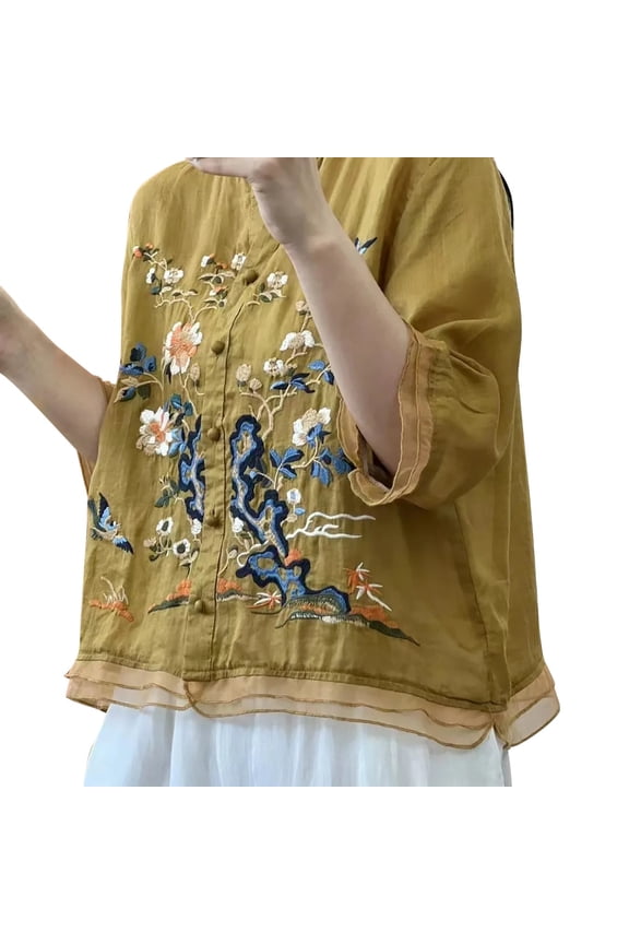 Women's Vintage Floral Embroidered Button Down Linen Shirt Mandarin Collar Half Sleeve Loose Fit T Shirts For Casual Daily Wear Leisure Tops