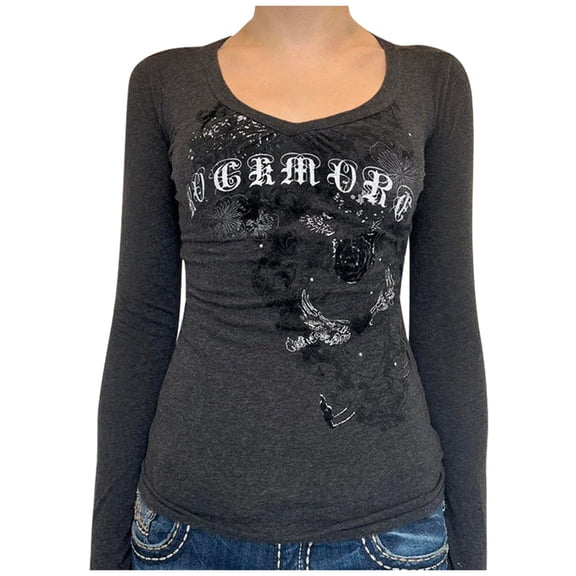 VNKIDY Women's Vintage Letter Prints Long Sleeve T Shirt V Neck Slim Fit Layering Blouse For Casual Daily Outdoor Wear Versatile Tops