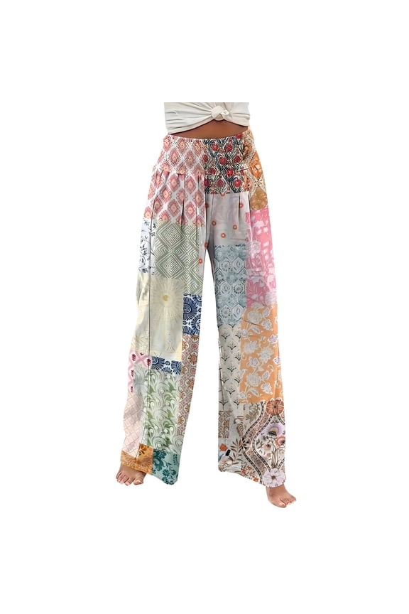 Womens Boho Patchwork Print High Waist Smocked Elastic Waist Wide Leg Pants Side Pocket Loose Fit Casual Trousers For Summer Daily Wear Pink XL