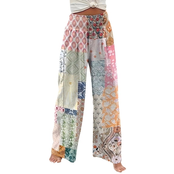 VNKIDY Womens Boho Patchwork Print High Waist Smocked Elastic Waist Wide Leg Pants Side Pocket Loose Fit Casual Trousers For Summer Daily Wear Pink XXXXL