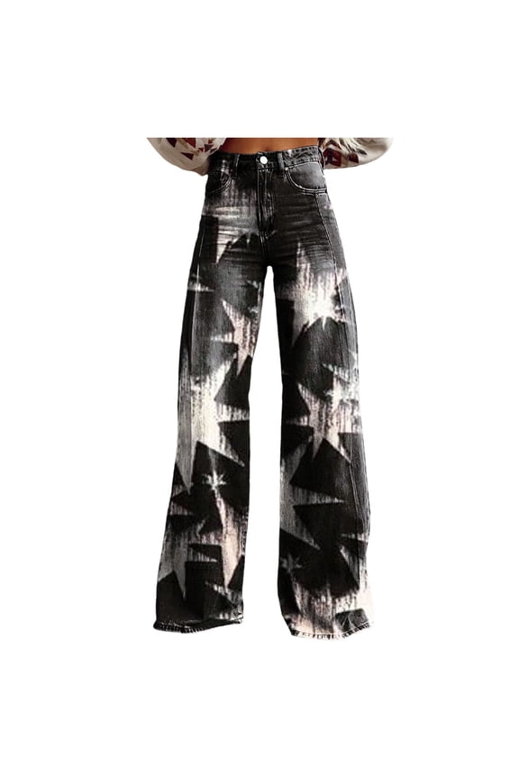 Womens Boho Print High Waist Wide Leg Jeans Colorful Floral Patchwork Loose Fit Retro Denim Pants For Casual Daily Streetwear Wear Dark Gray XXL